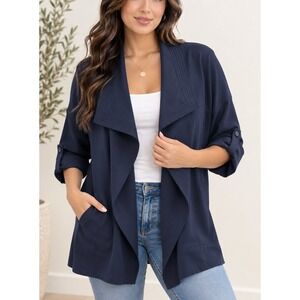 Max Studio Womens Navy Blue Open Front Drape Jacket Roll Tab Sleeve, Small, NWT
